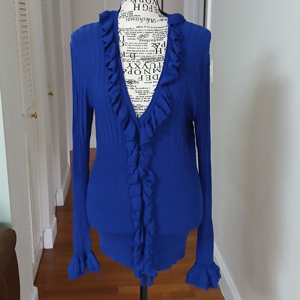 anne fontaine Ultra Blue Parfaite Ribbed Ruffle Cardigan Sweater